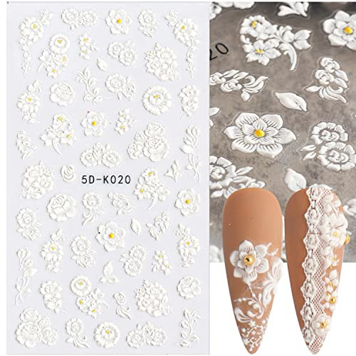 White Flowers Nail Art Stickers, 5D Engraved Flower Nail Art Self-Adhesive