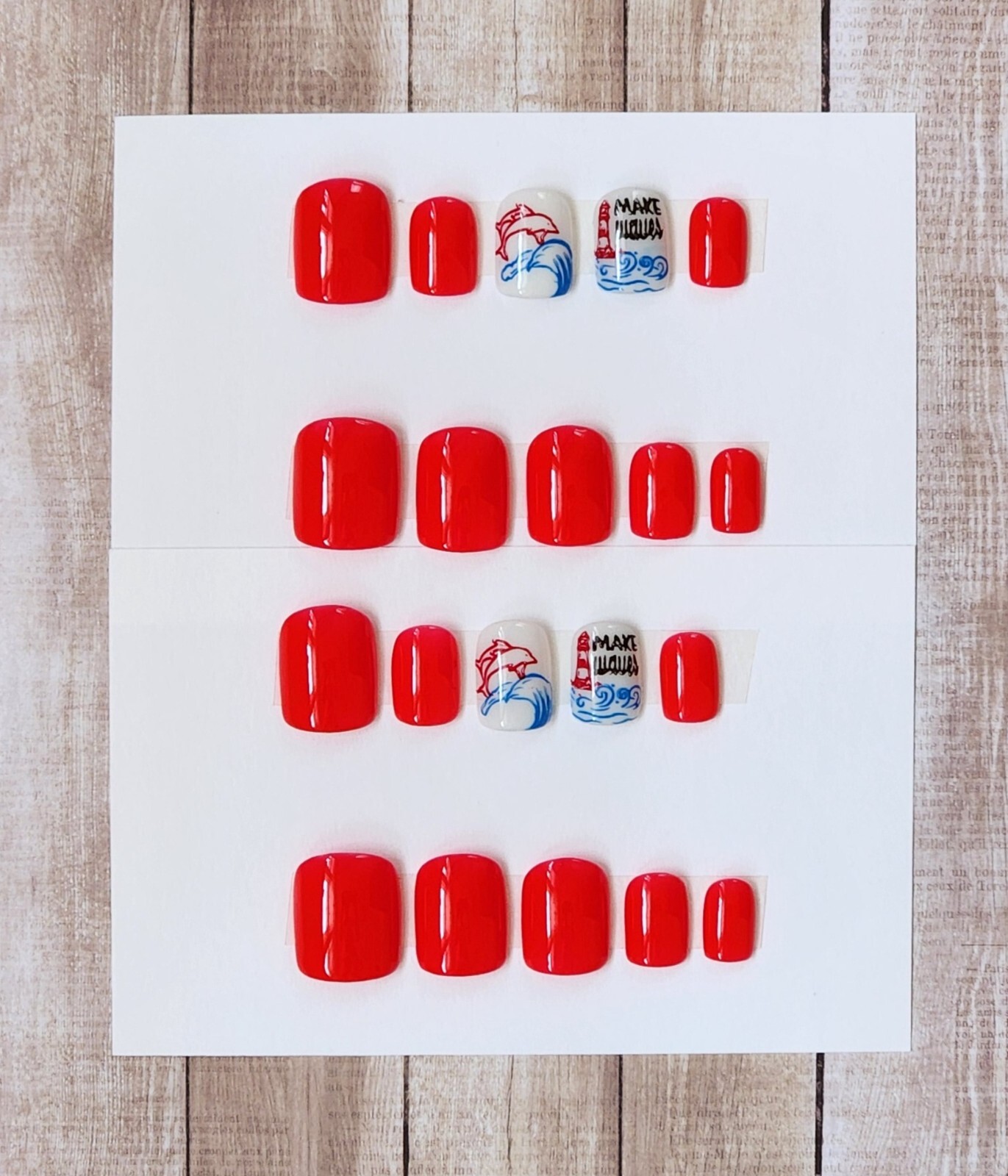 Custom Press On Handmade Gel Nails Red Summer Accents Square Short 20 Tip