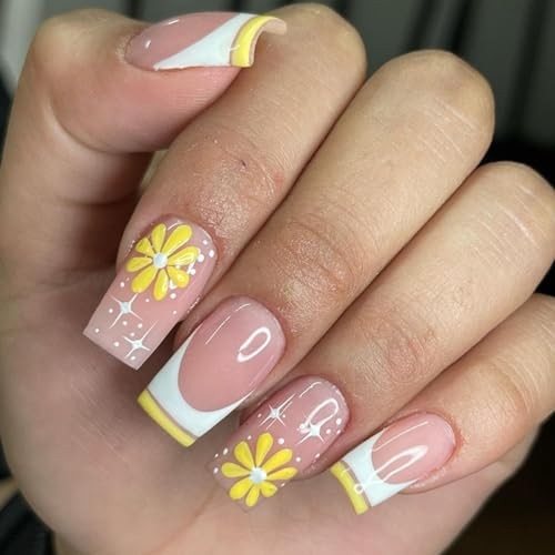 Square Press on Nails Medium – French Tip Fake Nails with Design Yellow Flower