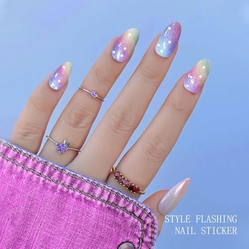 Gel Nail Stickers Rainbow Glitter Semi Cured Gel Nail Strips Wraps UV/LED