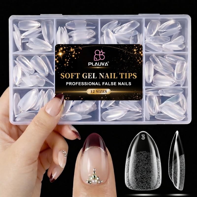 Plauva Short Almond Nail Tips, 216Pcs Pre-Etched Soft Acrylic Nail Tips