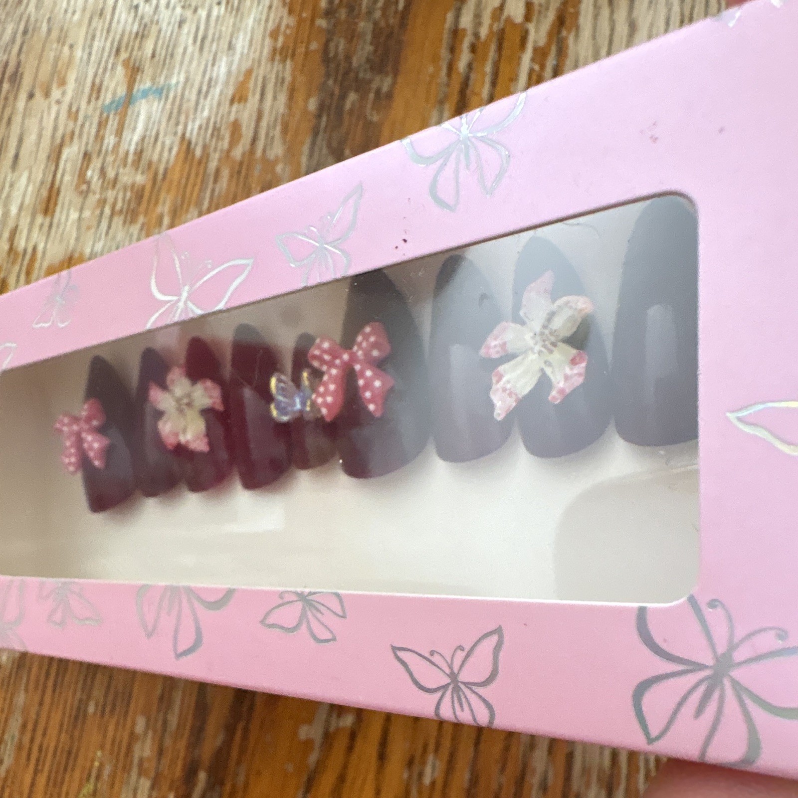 Burgundy 3D Bow Flower Pre-Designed Full Cover Press-On Nails Medium Almond