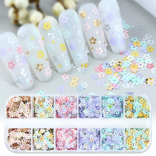 12 Grids Flower Nail Art Glitter Sequins 3D Holographic Floral Nail Flakes