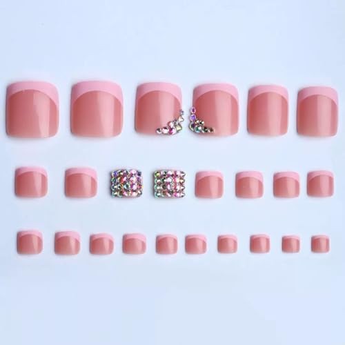 CTTHNBD Press on Toenails – Pink French Tip with Rhinestone Design – Bling