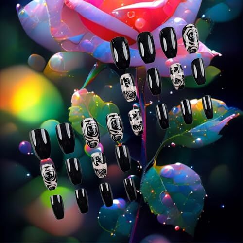 Rose Flower Press on Nails for DIY Manicure 24Pcs Glossy Black Rose Design 10