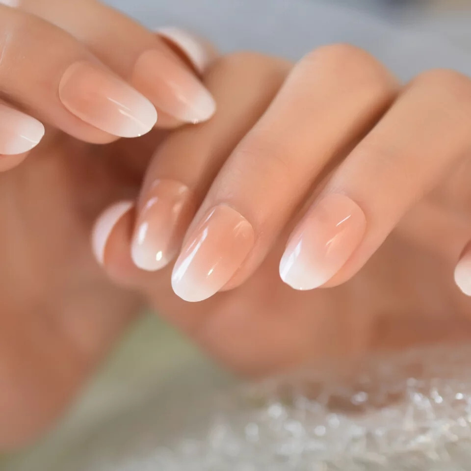 24 Medium Press on Nails kit glue on ombre french almond white nude