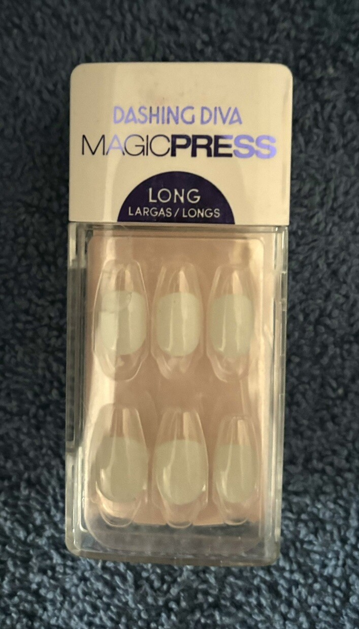 Dashing Diva WHITE CLEAR TIP Magic Press On Nails LONG COFFIN Glossy