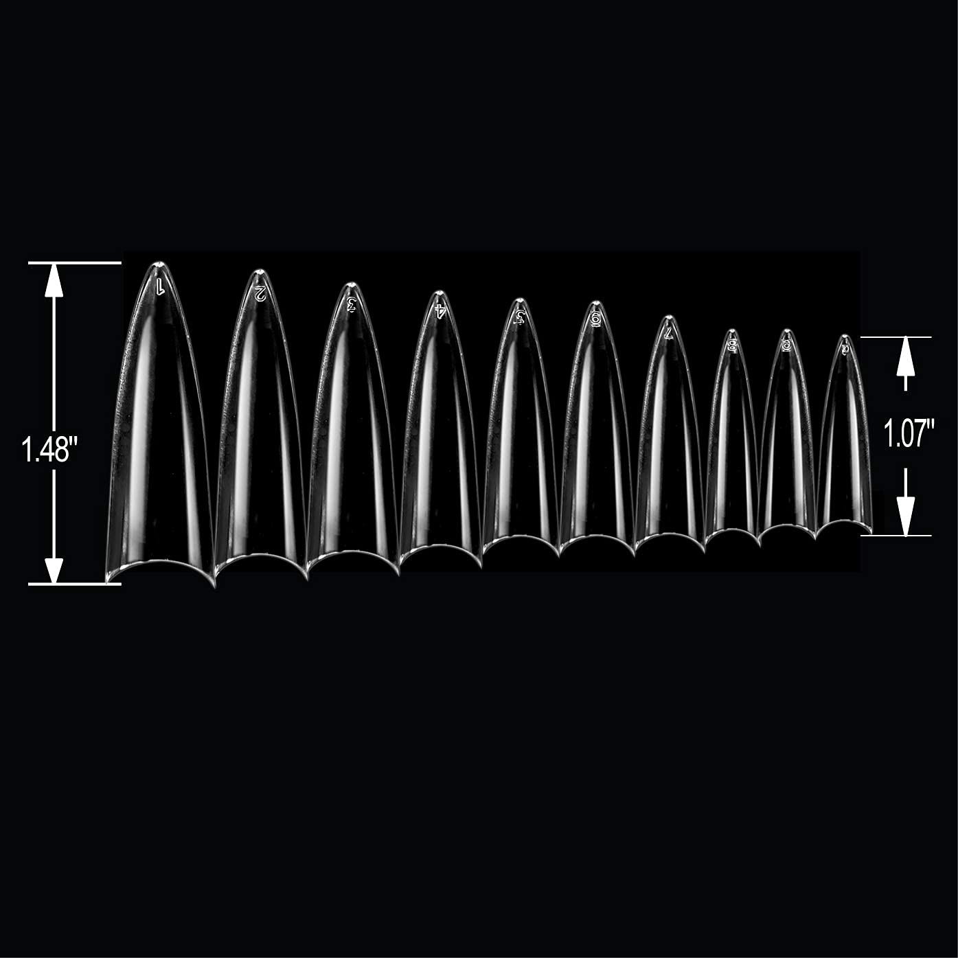 BeYou Clear Long Stiletto 500pcs False Fake Gel Nail Tips,10 Sizes With Clear