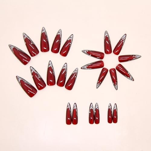 24Pcs Wine Red Press on Nails Long Pointed Wine Red Irregular Silver Style 22
