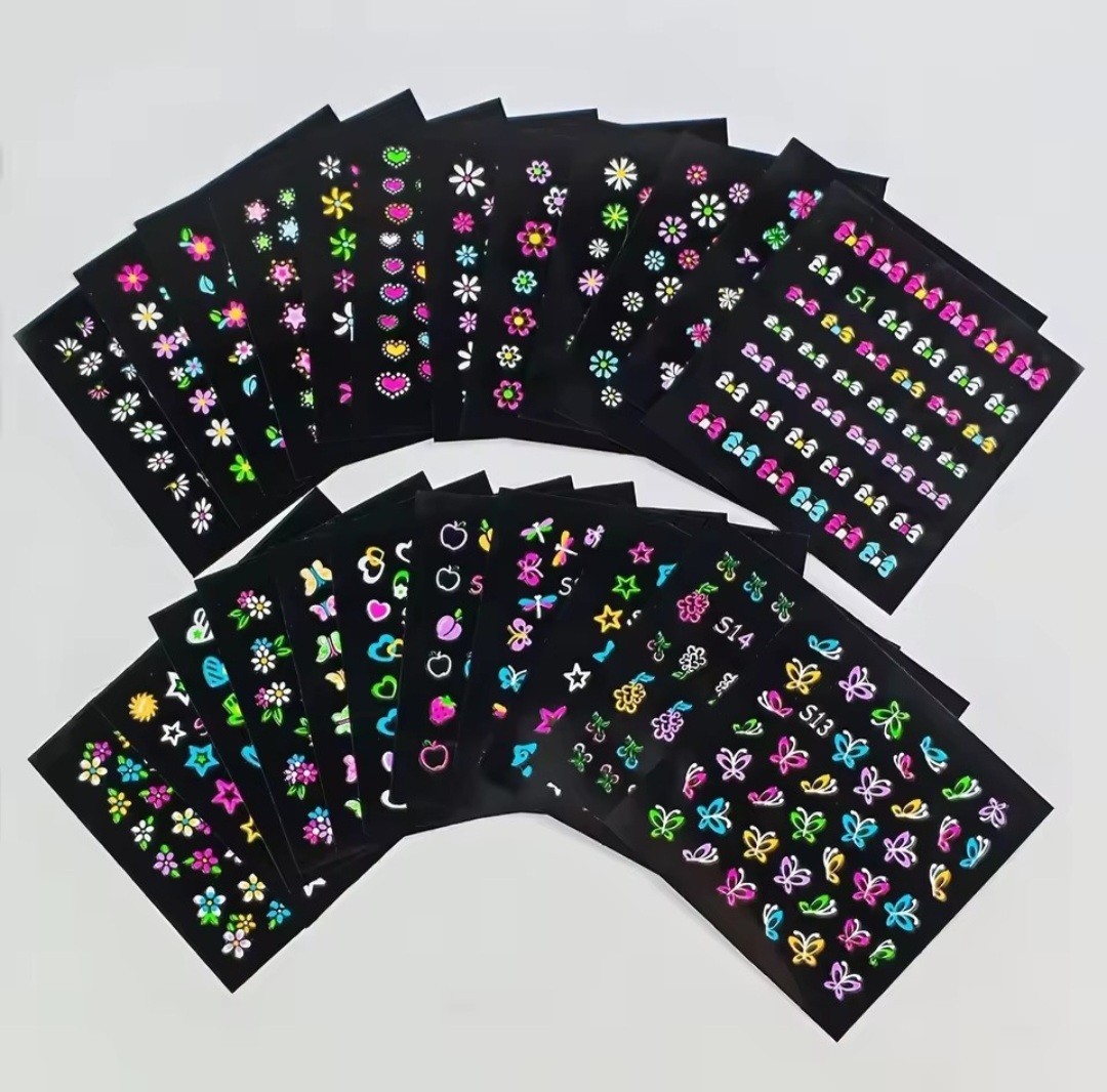 Fluorescent Multicolor Nail Art Stickers Flowers Hearts Stars Butterflies