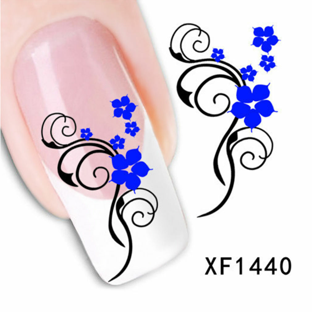 Nail Art Water Transfer Sticker Decal Stickers Pretty Flowers Blue Black XF1440
