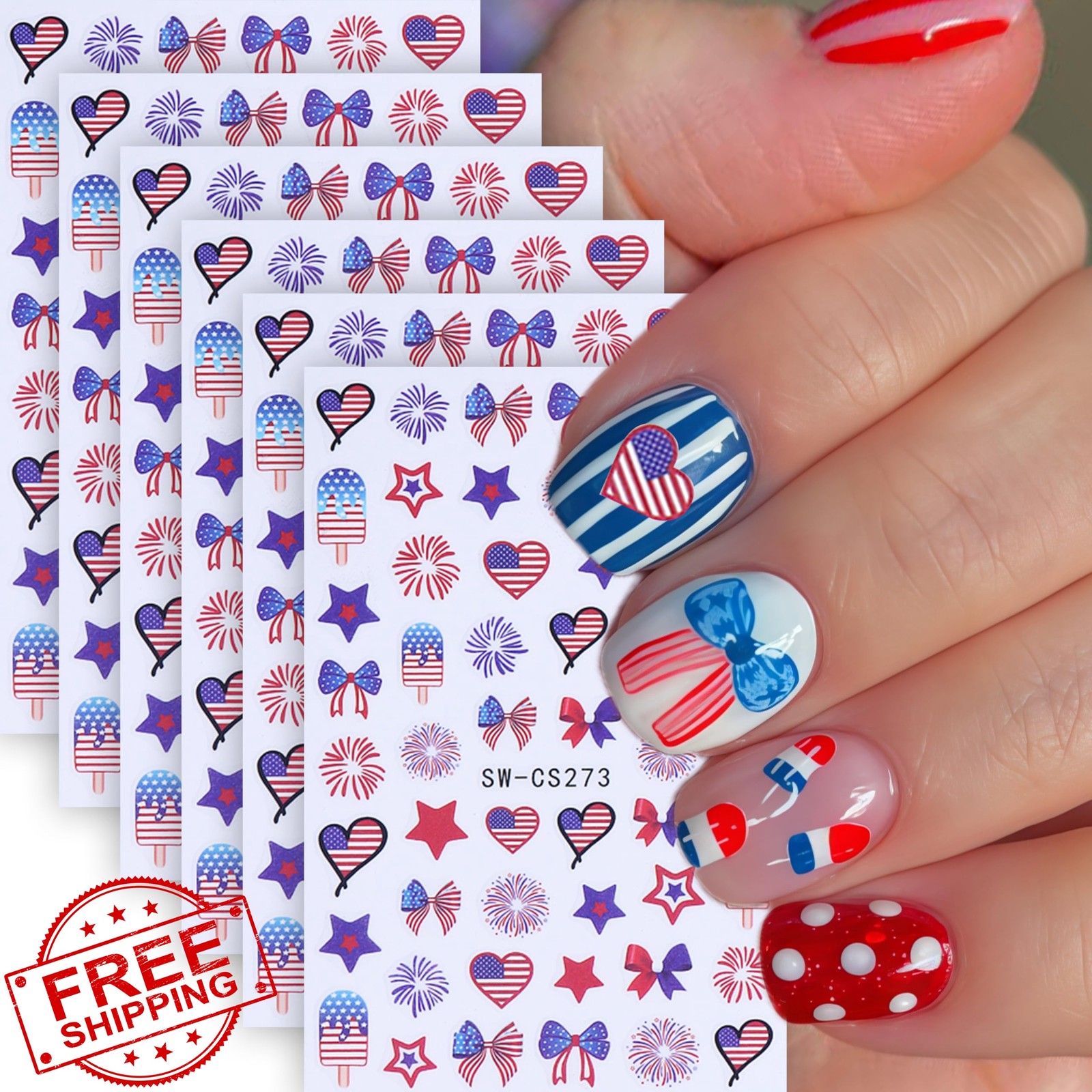 Aoustratum 6 Sheets 4th July Nail Stickers Flag Firework