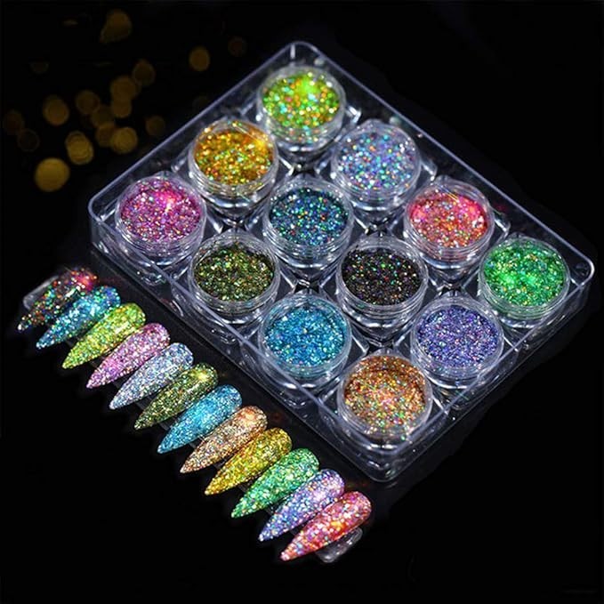 Holographic Glitter Superfine Powder 12 Colors Mixed Iridescent Nail Art