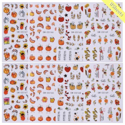 Fall Nail Art Stickers Decals Autumn Pumpkin Nail Decals 8PCS 3D fall pumpkin