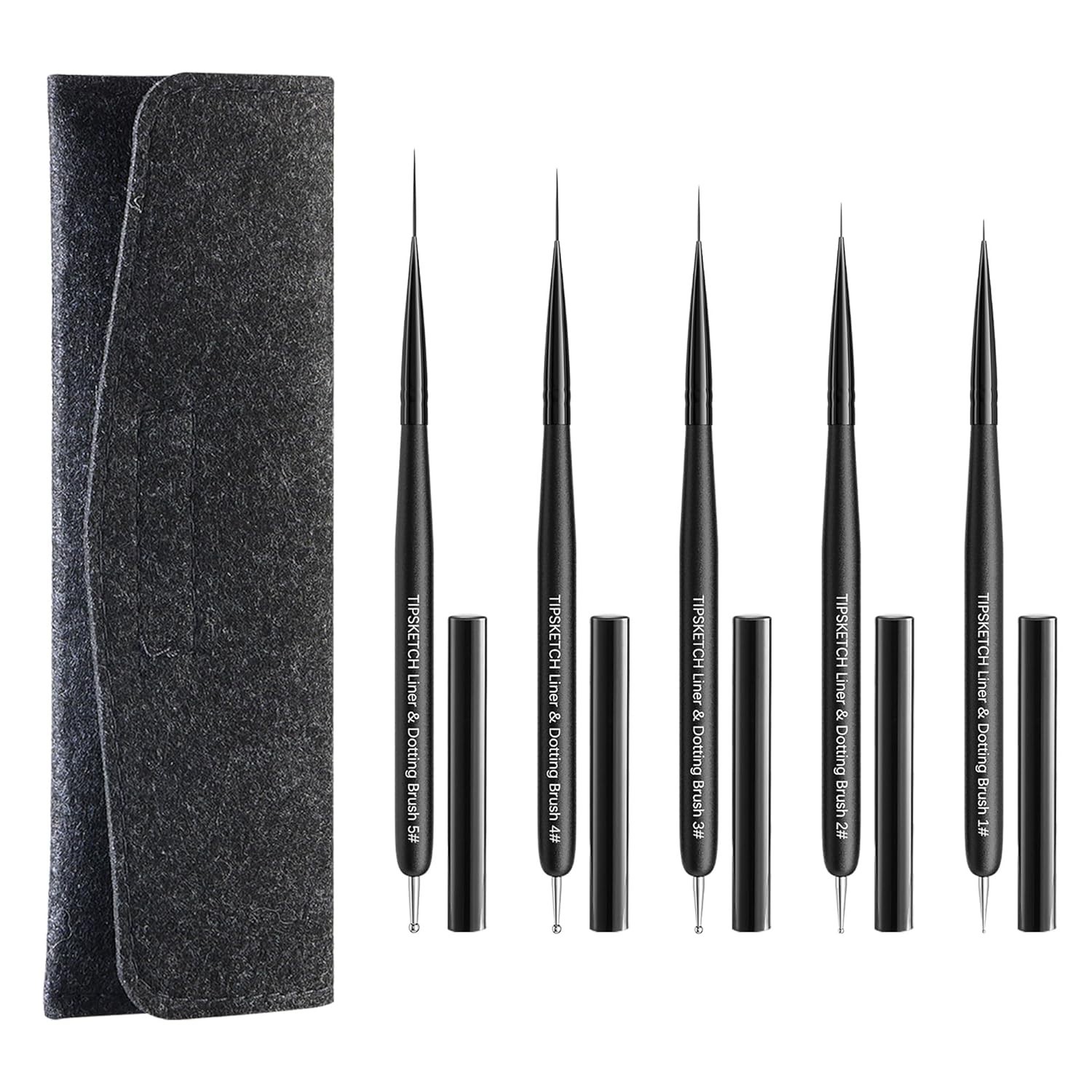 Nail Art Liner Brushes 5Pcs with Caps & Bag,Double‑Ended Thin Liner & Dotting…