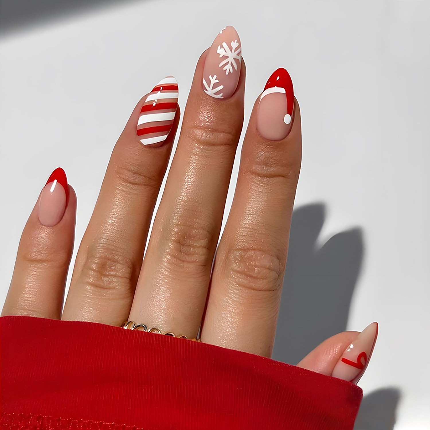 24 Pcs Christmas Press on Nails Almond Medium Fake French Tip Style 6