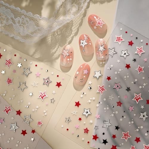 Star Nail Sticker for Nail Art 5D Self Adhesive 4th of July Black Red Star