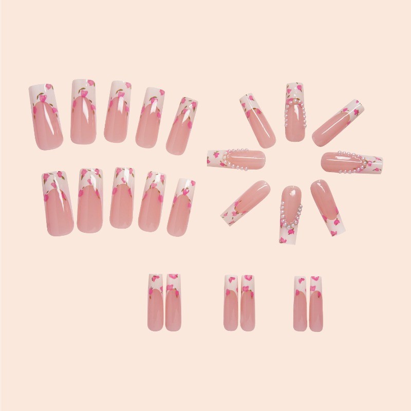 48pcs-Nude Fake Nails with White French Tips, Pink Roses and Pearl Heart Details