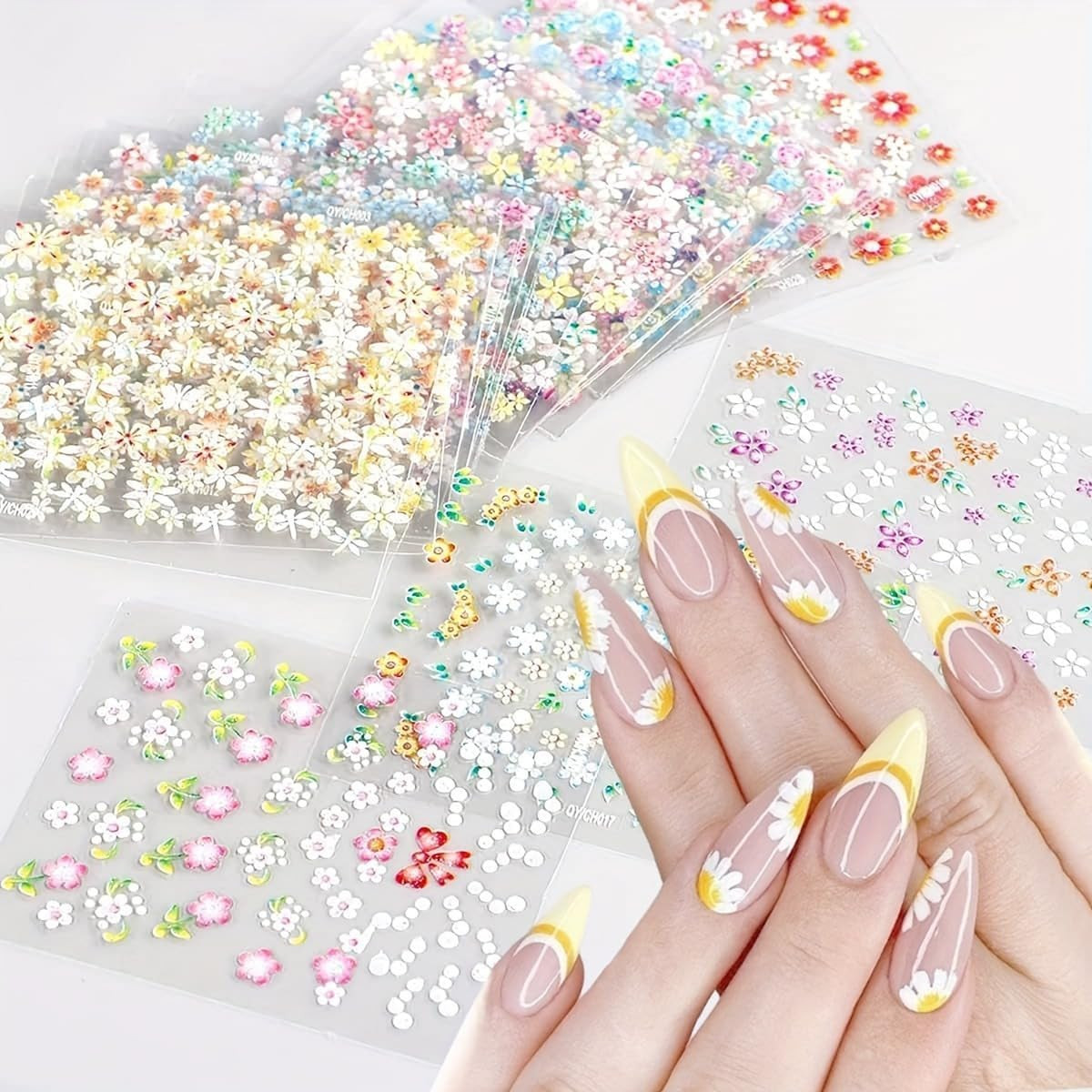 30 Sheets Flower Nail Stickers Colorful 3D Self Adhesive Cute Daisy Floral Nail