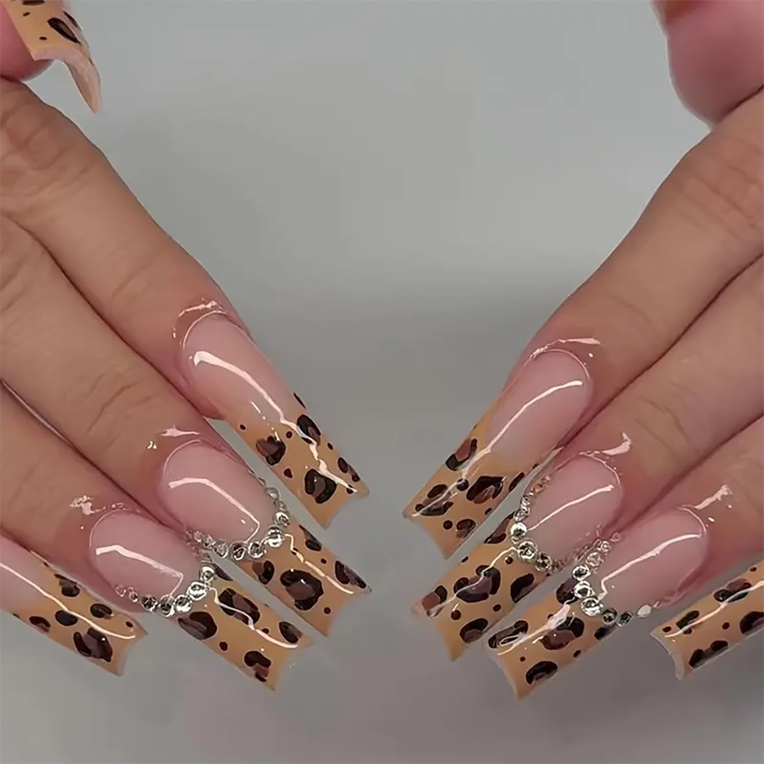 Press on Nails Long Coffin Shaped Glossy Full Cover Acrylic Long Length Frenc…