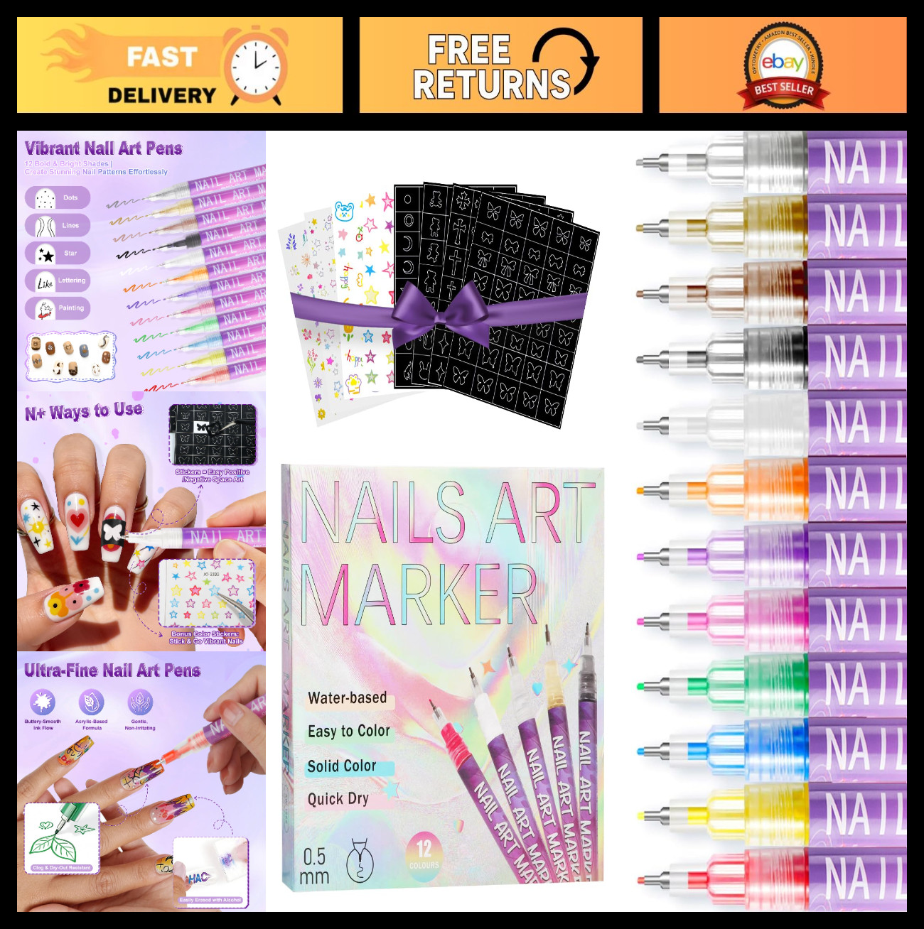 12 Colors Nail Art Pens – 0.5MM Fine Tip Quick-Drying Markers for DIY Nail Desig