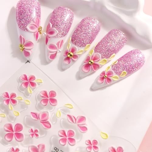 5D Flowers Nail Art Stickers, 5PCS Embossed Pink Blue Flowers Colorful-01