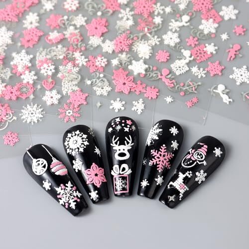 Christmas Pink Nail Art Sticker Decals 3D Self-Adhesive Pink White Snowflake