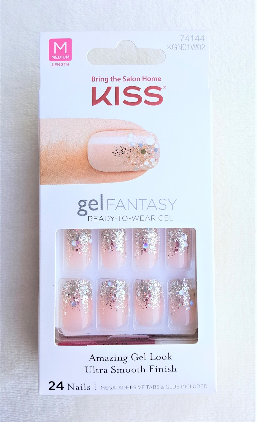 KISS Gel Fantasy 24 Gel Nails FANCIFUL #74144 Nude+Shiny Silver Confetti/Glitter