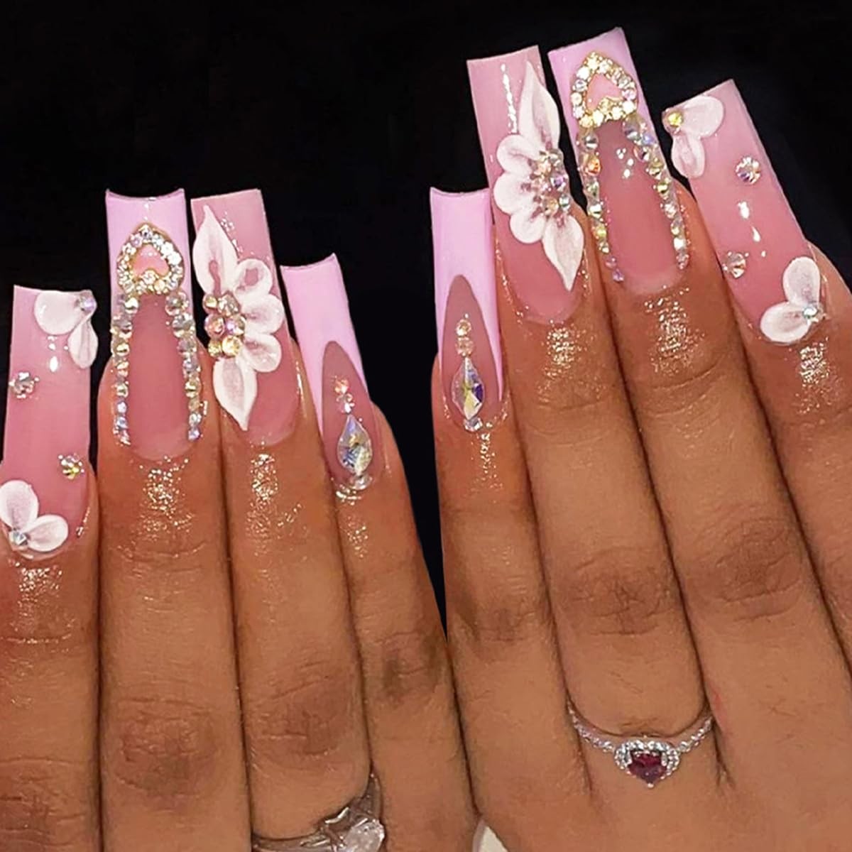 Press on Nails Long Square 3D Alloy Heart Rhinestones Petal Charms Nail Tips …
