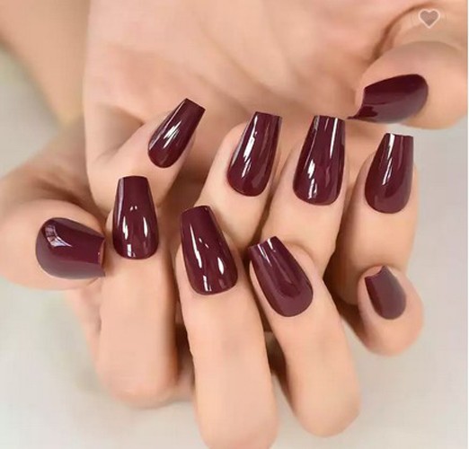Dark Red Glossy Medium Coffin Press on Nails