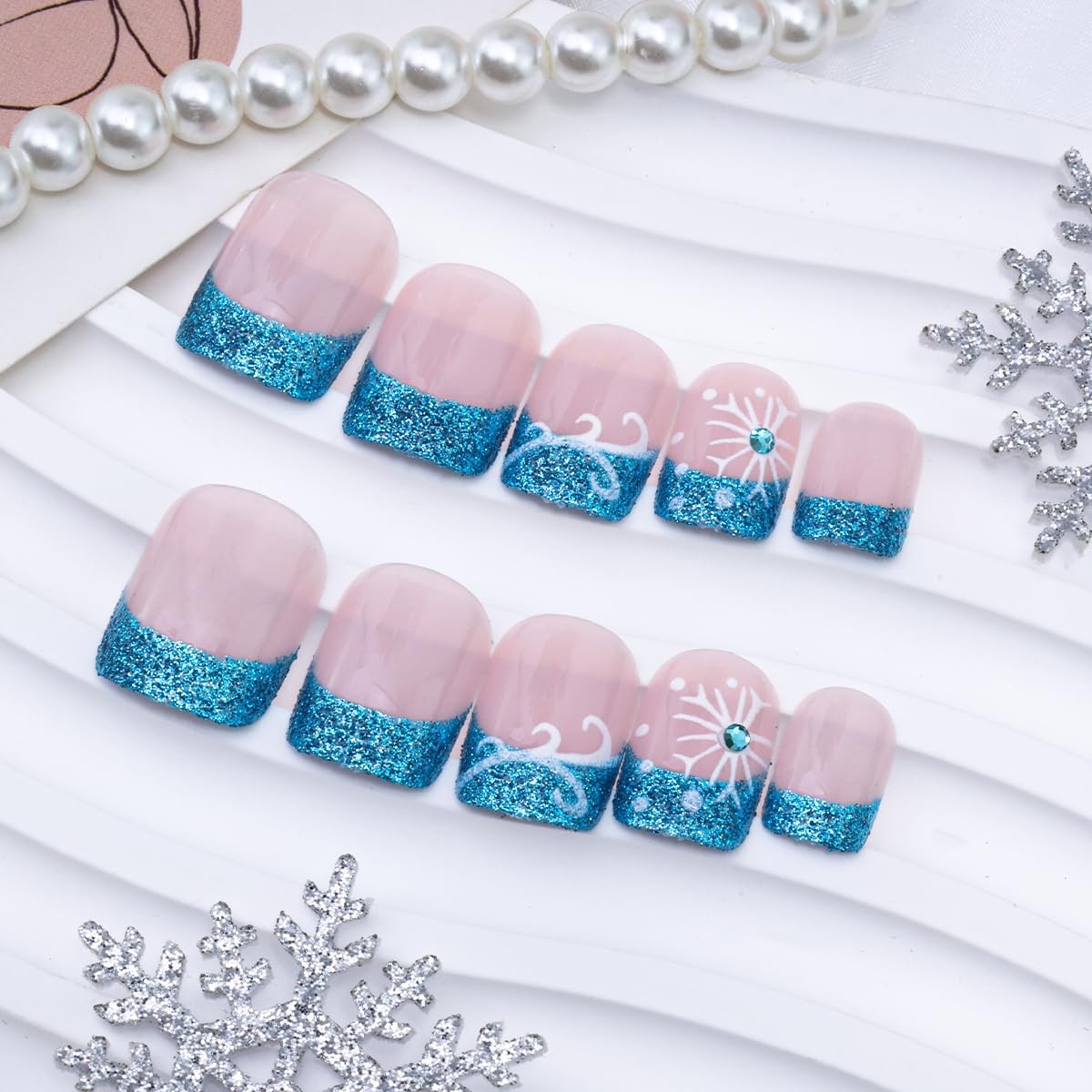 24Pcs Christmas Press on Nails Short Square BMKKOT Winter Fake Multicolor