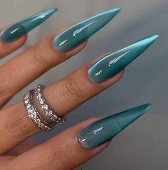 24 Pcs Press-on Nails Long Stiletto – Ocean Blue Cateye Nails – See All Photos