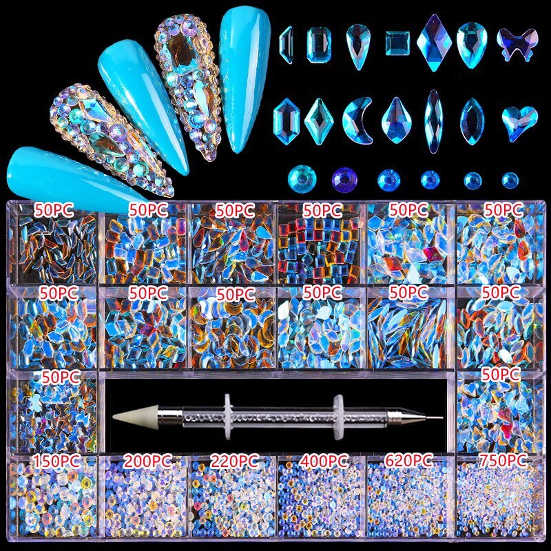 3100PCS/Boxed Luxury Rhinestone Nail Art Jewelry Set Glass Nail Crystals Box