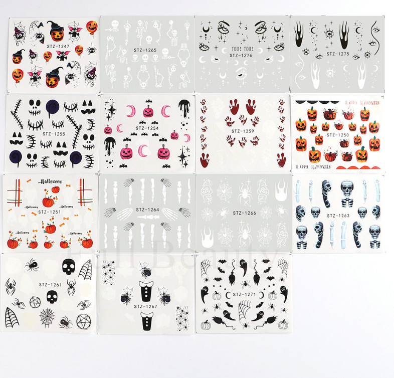 Halloween Nail Art Stickers Water Transfer Decals Ghost Pumpkin Skull Web NH23