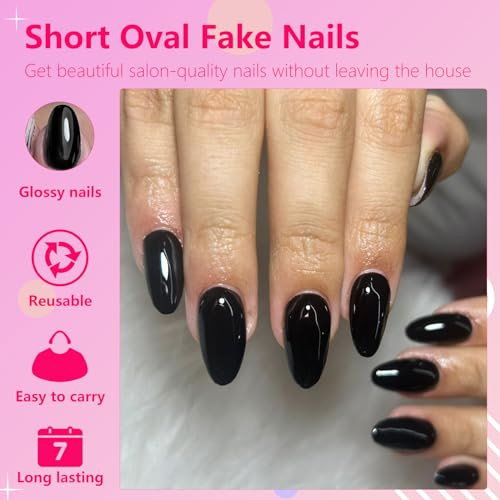 Oval Press on Nails Short Fake Nails, 240pcs Black Nails Press on Almond