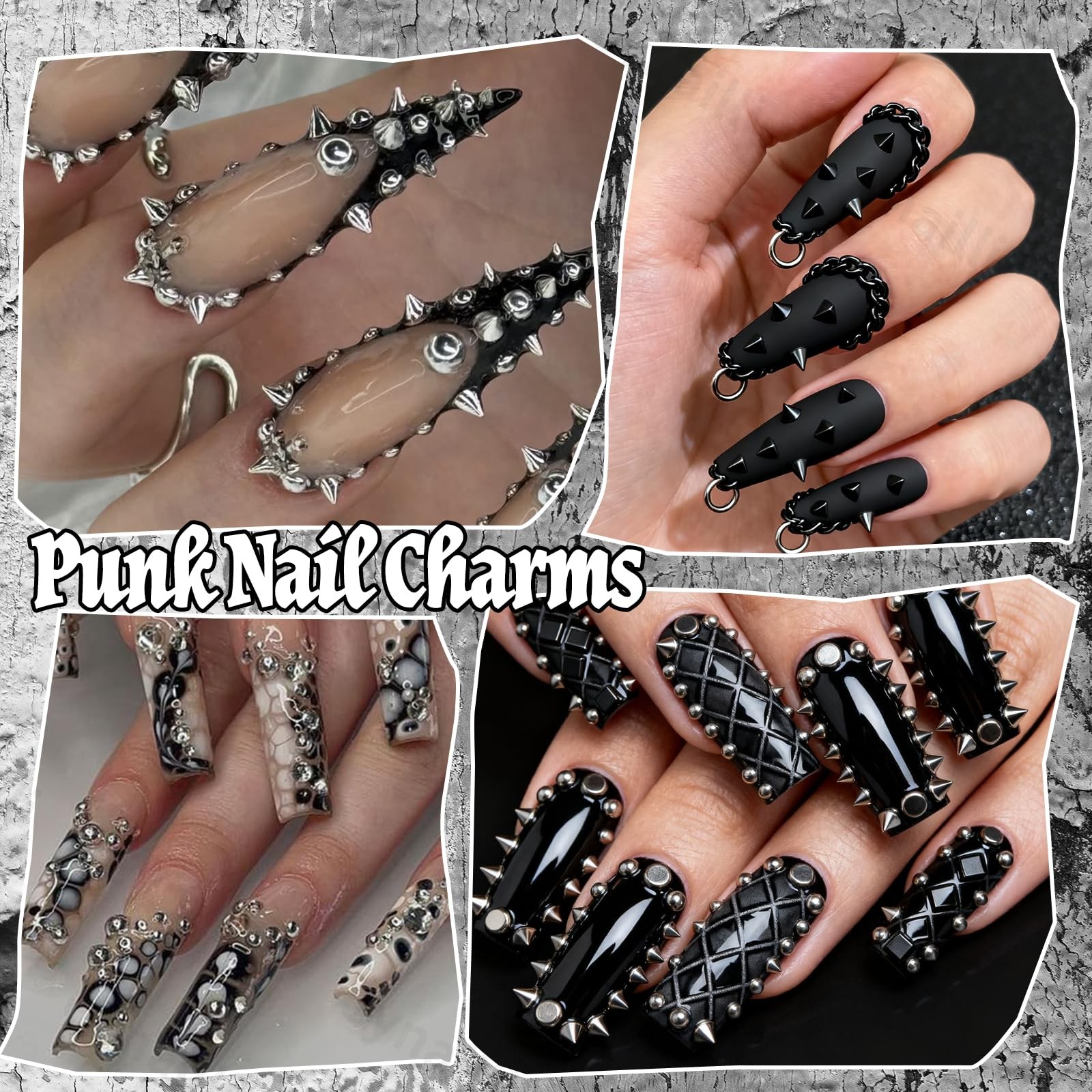 Black Silver Punk Spike Nail Charms Caviar Beads Gothic Metal Studs Rivet