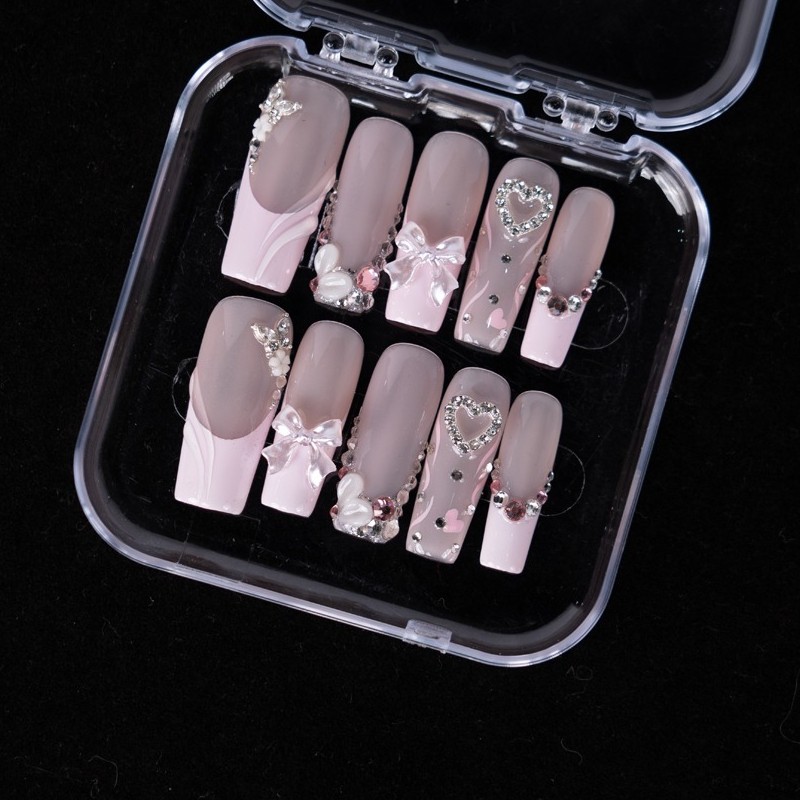 10pcs Pink French Nails 3D Bow Heart Beads Sweet Wedding Vacation