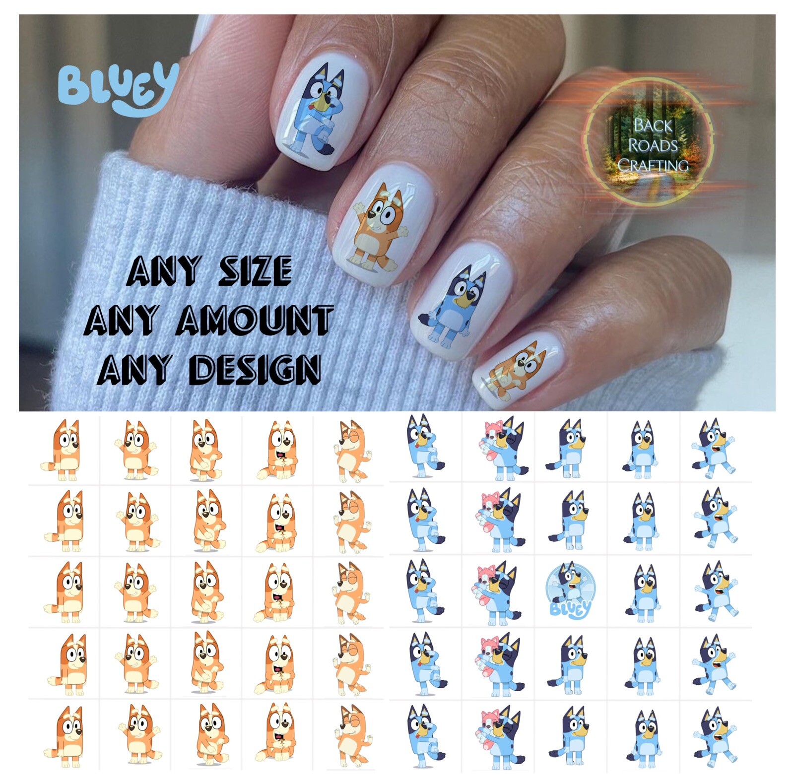Bluey Set 2 Waterslide Nail Art Decals Set Of 50 Instructions & Bonus Included