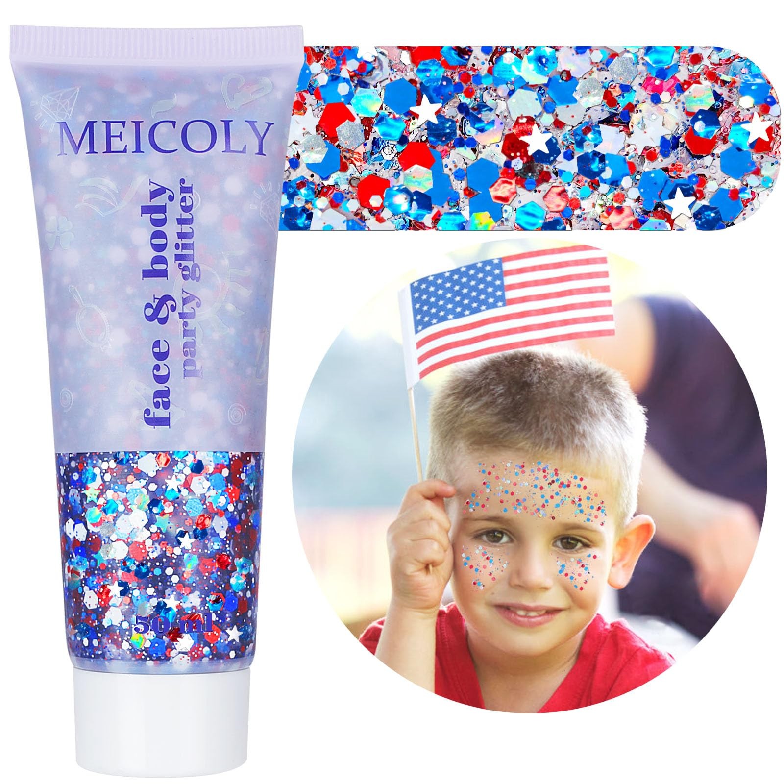 Red White and Blue Face Glitter,4th of July Patriotic Accessories,Star Hair Glit