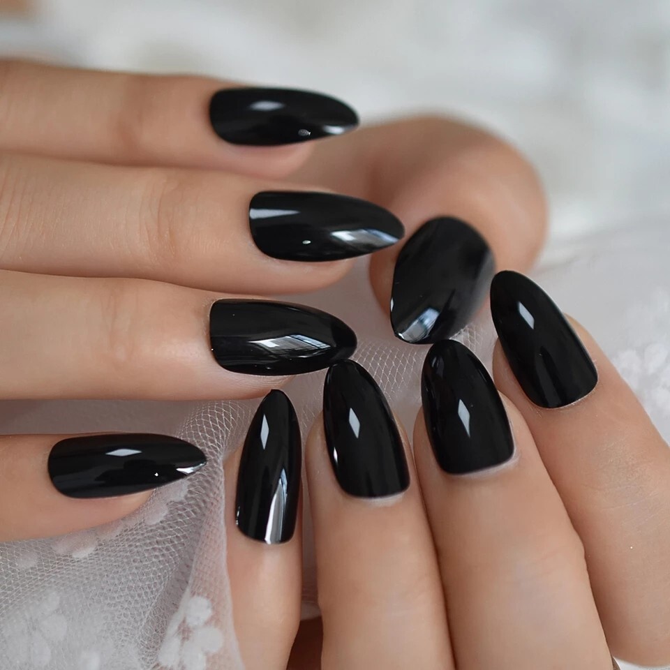 24 Glossy Black Press On Nails w/ Glue Medium Almond pointed goth emo alt almond