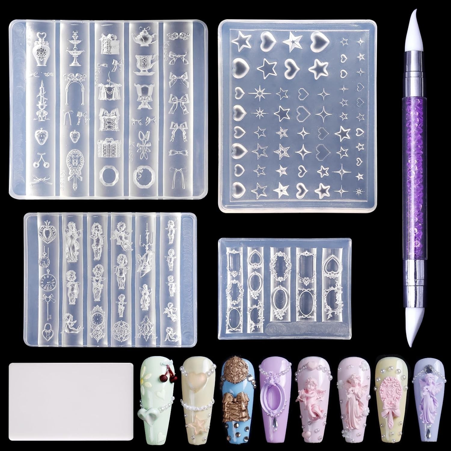 Laza 4pcs Silicone Nail Art Molds, 3D Virgin Mary, Mirror Frame, Heart, Bowkn…