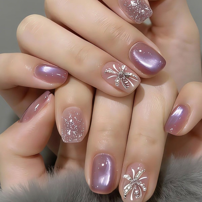 48Pcs-Short Square Lavender Nude Cat Eye Silver Dragonfly Metal Press on Nails