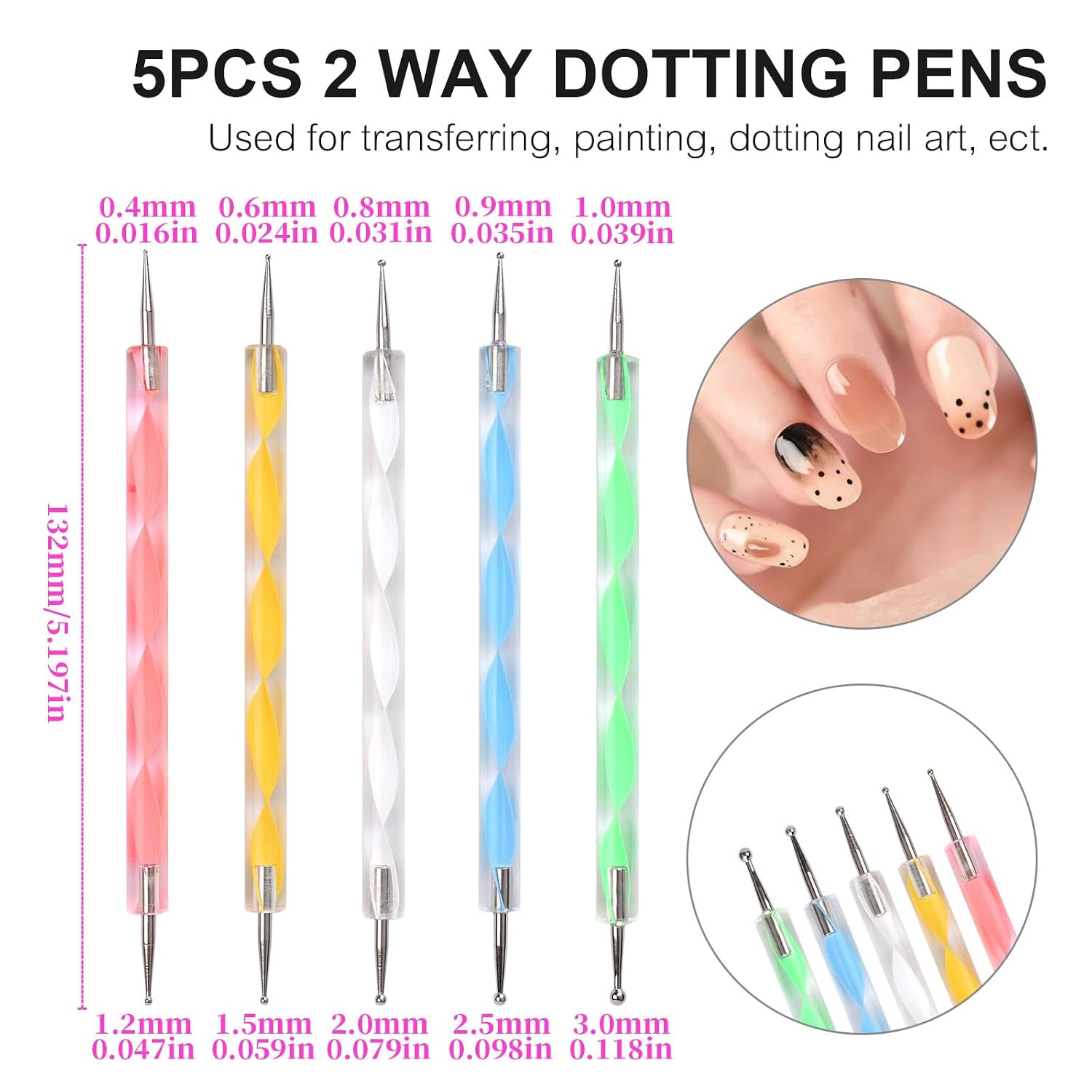 5Pcs Double-Ended Nail Art Dotting Pens 10 Different Diameter Ball End Dots Pain