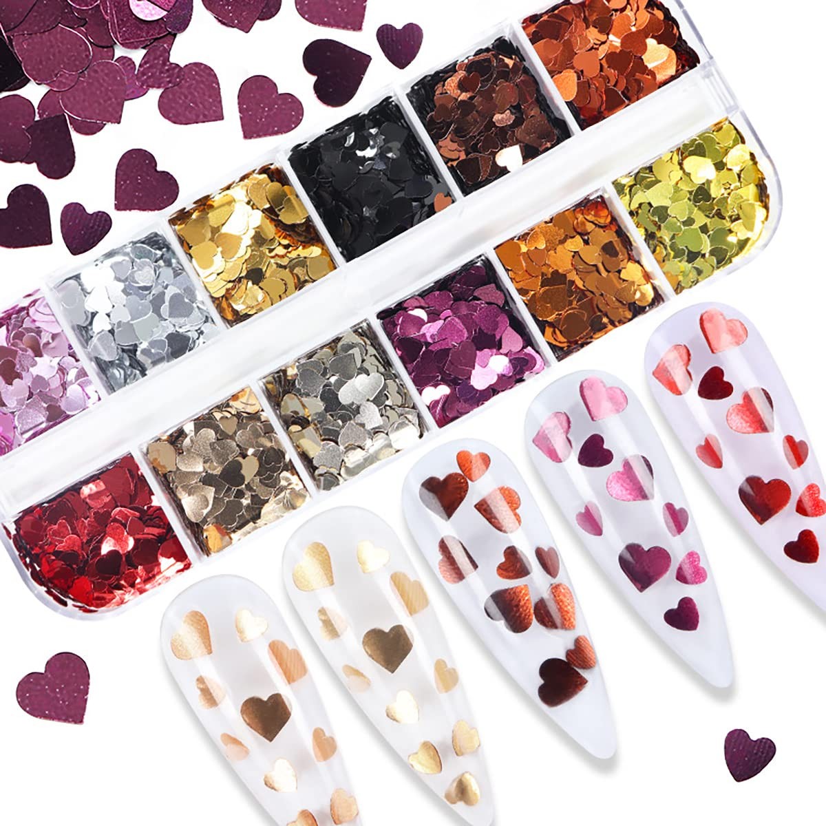12 Grids 3D Heart Nail Art Stickers – Holographic Laser Nail Glitter Sequins …