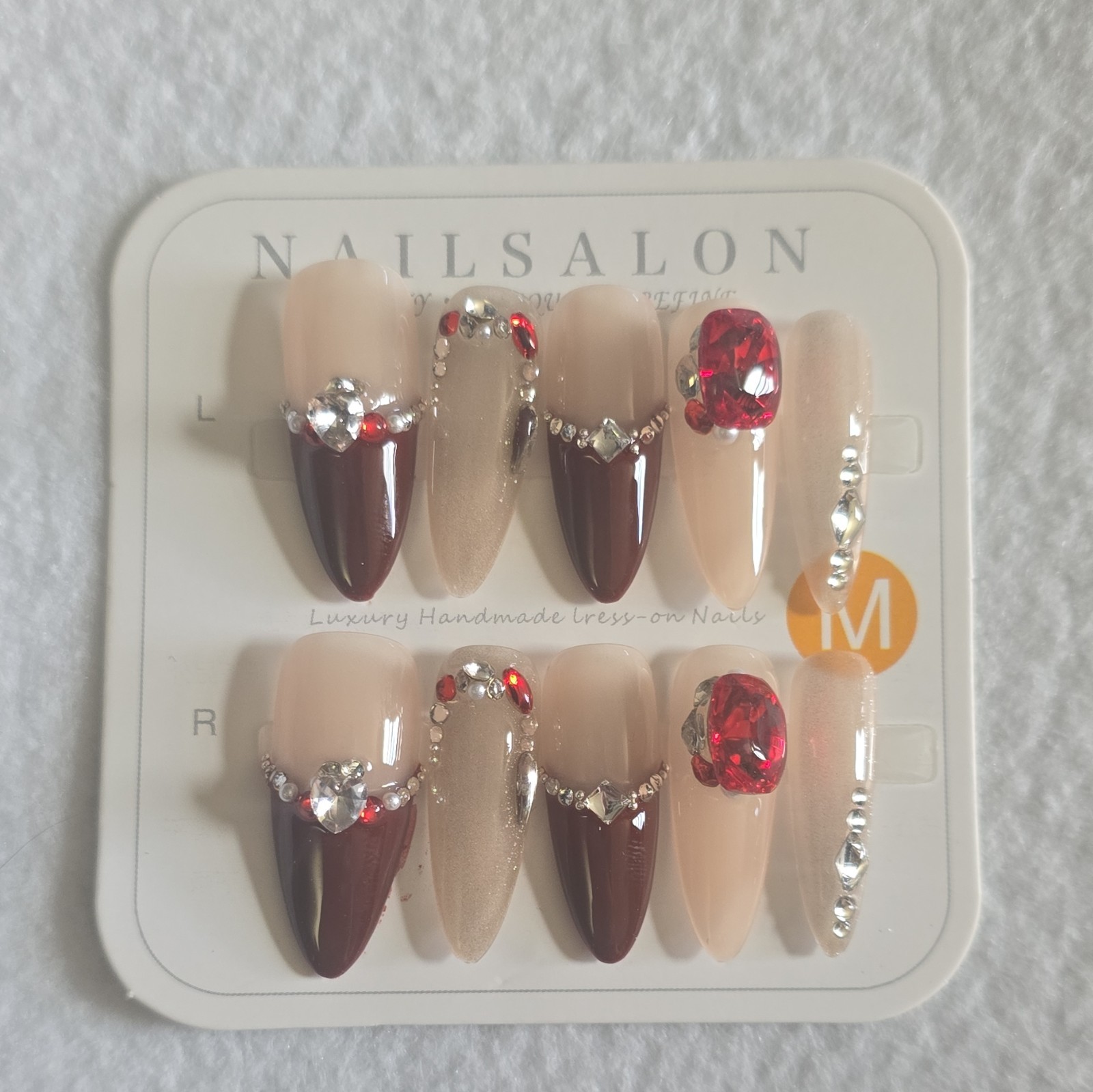 NAIL SALON Long Stiletto Beige Brown Gold Red Shiny Rhinestone PressOn Nails #27