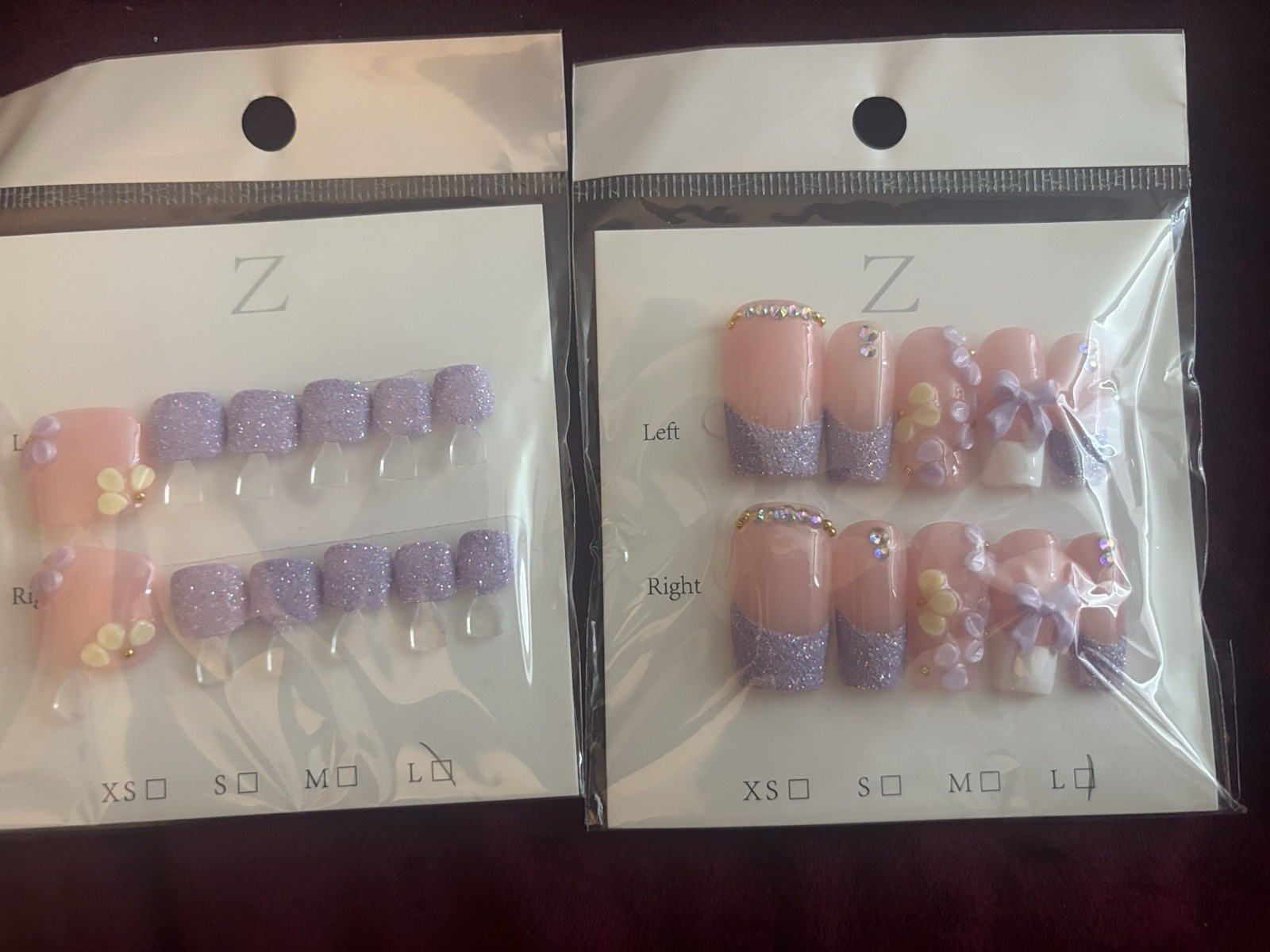 Press-On Nails Set Pink/Purple Glitter 3D French Flowers Medium Square Full