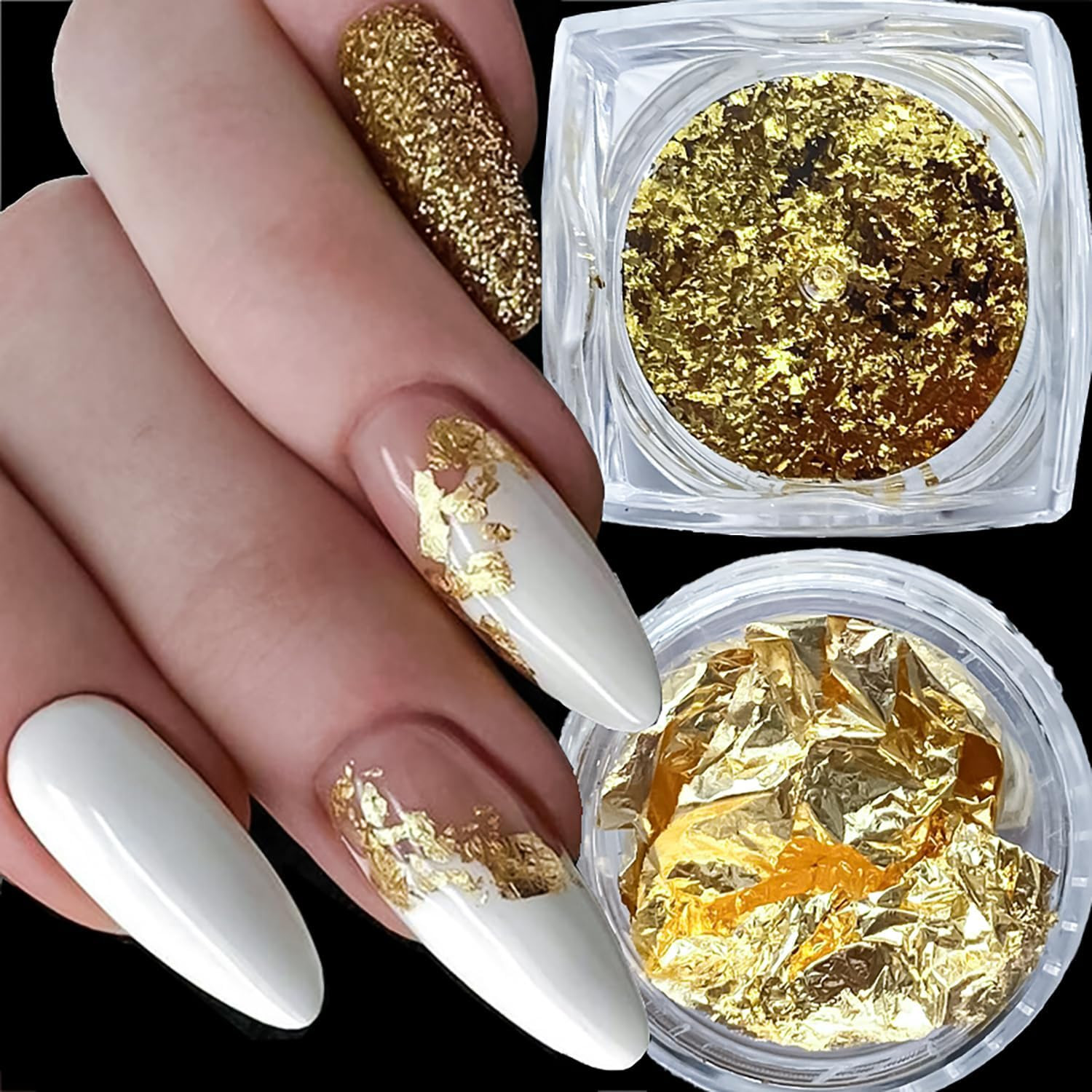2 Bottles Gold Foil for Nails – Golden Glitter Design, Foil Fragments and Irregu