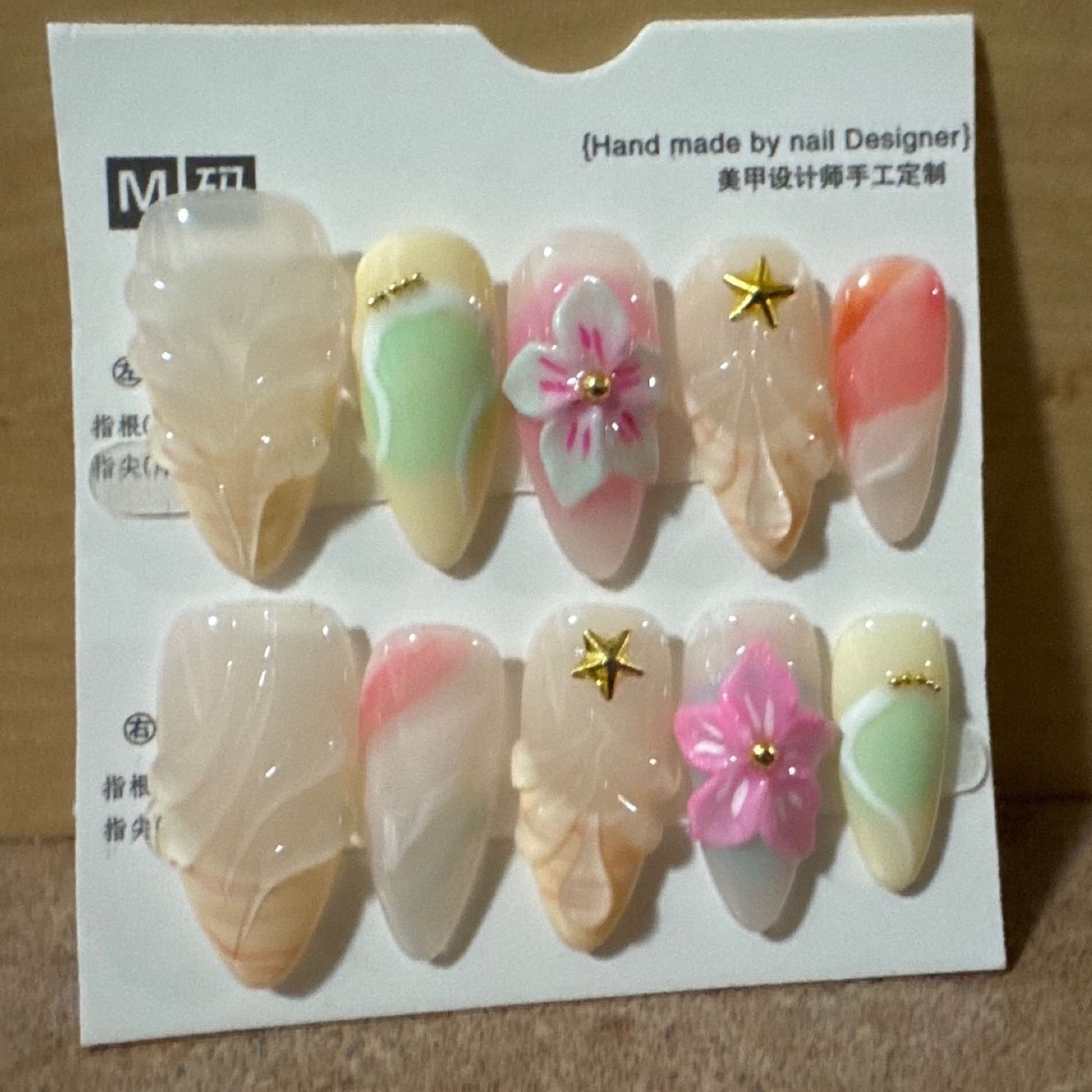 3D Floral Press On Nails Pastel Pink Green Gold Star Almond Coffin False Nails