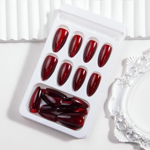 30Pcs Wine Red Press on Nails Short Almond Fake Nails Cat Eye Medium Style 35