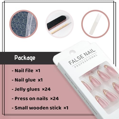 Pink Gold French Tip Press on Nails Almond Medium Acrylic Nails Press 04-Gold
